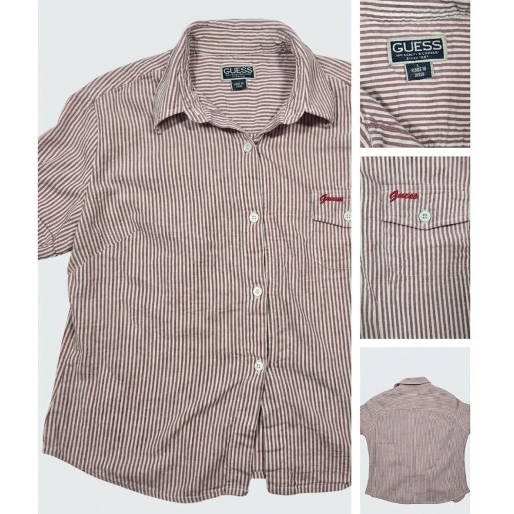 Vintage Guess Shirt Womens Large Red White Striped Seersucker 90s Button Up